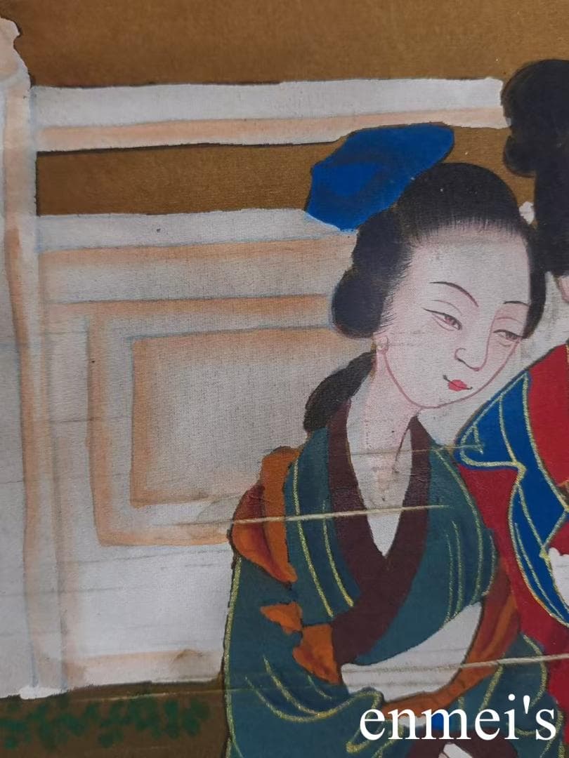 中国古美術・字画三尺仕女人物掛軸・水彩画・唐寅印款・書道品・絹本・仕女画・肉筆