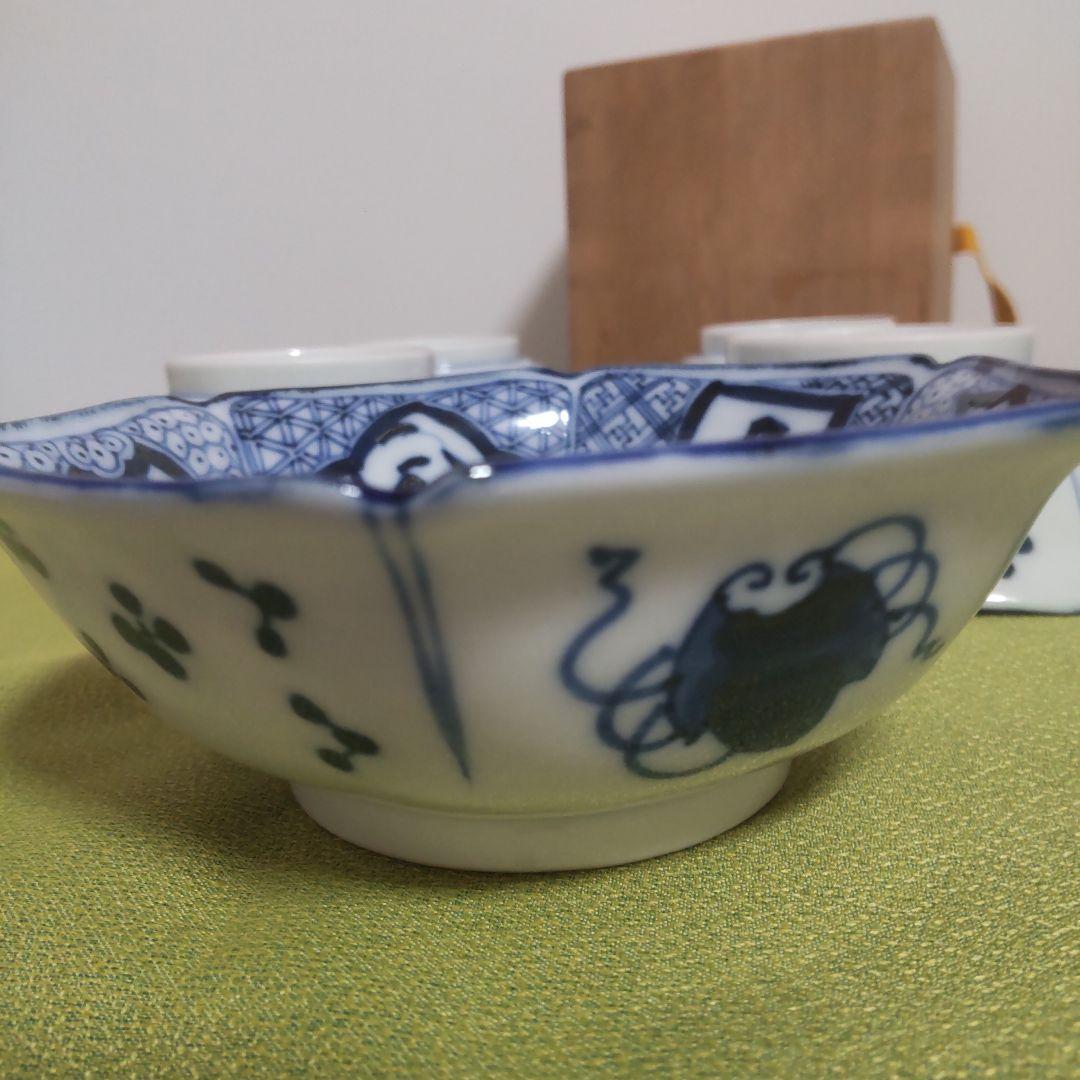 骨董 手描き 伊万里焼 藍九谷 古九谷 染付 古伊万里 六角 小鉢 木箱付