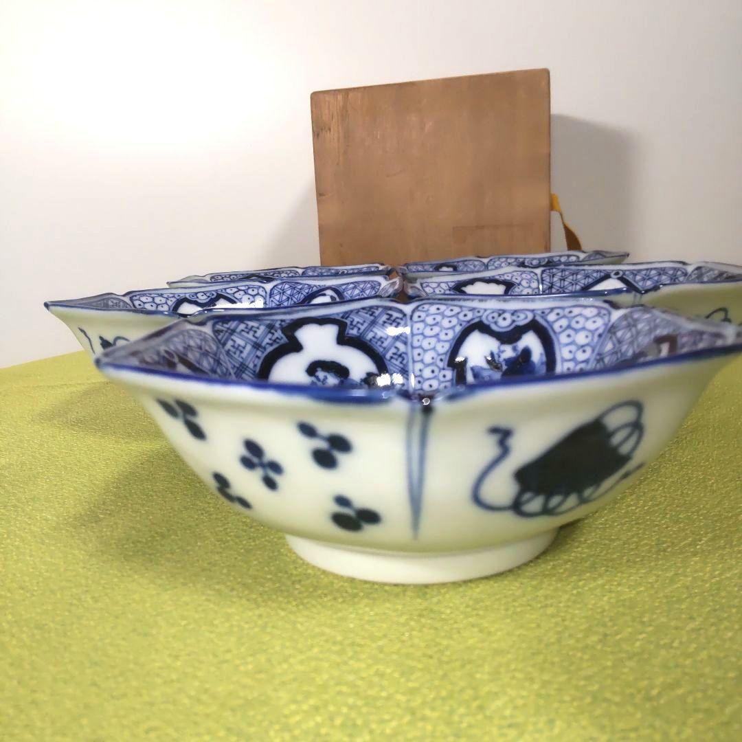 骨董 手描き 伊万里焼 藍九谷 古九谷 染付 古伊万里 六角 小鉢 木箱付