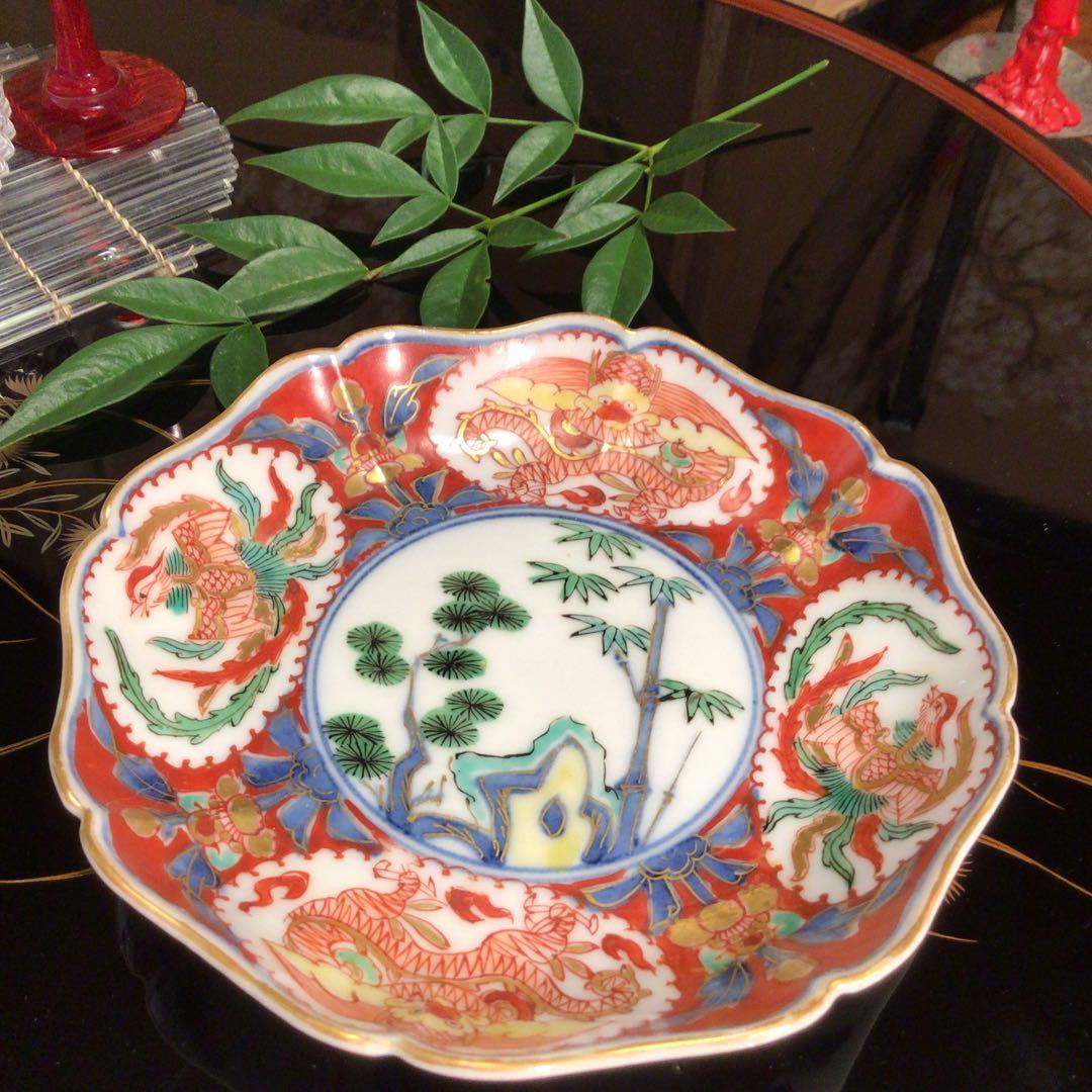 A608 古伊万里　極上赤絵　窓絵に団龍鳳凰紋様　綾花型　金縁　小皿5枚（箱付）