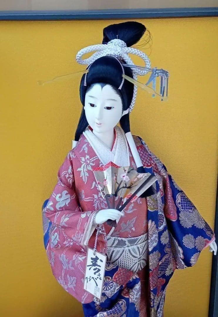 伝統的な日本人形 華やかな着物 工芸品 約55cm ガラスケース付きJAPAN