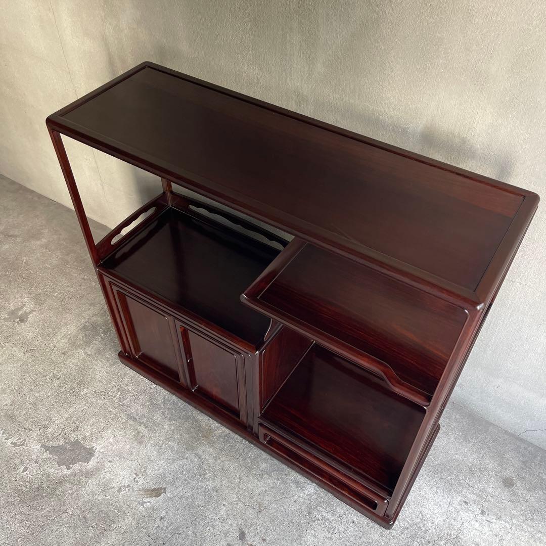 唐木指物 縞黒檀 総無垢 茶棚 煎茶棚 違い棚 飾り棚 和モダン H83cm