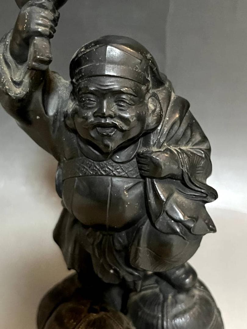 置物■布袋さん 銅製 オブジェ 七福神 米俵上布袋様 1.12kg時代物 骨董■