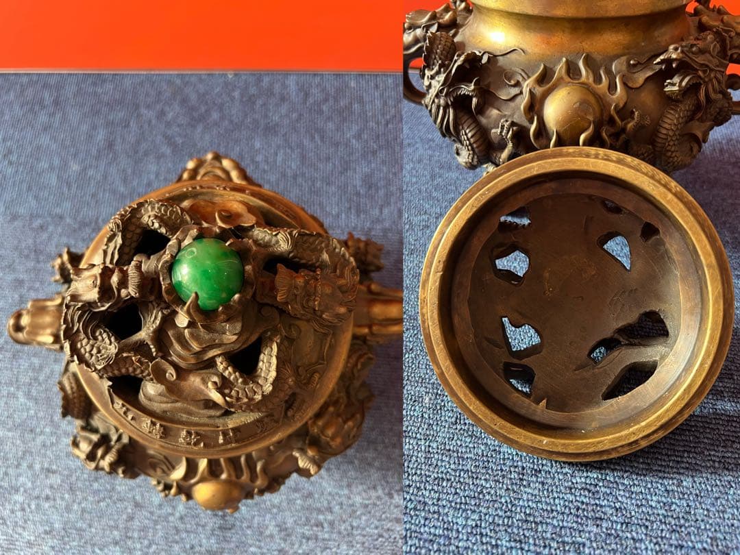 1488  中国骨董　大明宣徳年製銘　九轉乾坤爐　龍文香炉　翡翠　時代物　工芸品