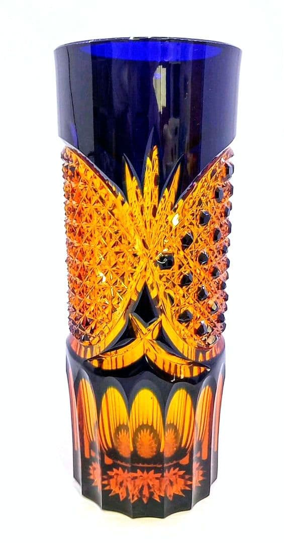 【新品未使用】門脇硝子加工所 江戸切子 アンバークリスタル 花器（琥珀色瑠璃）