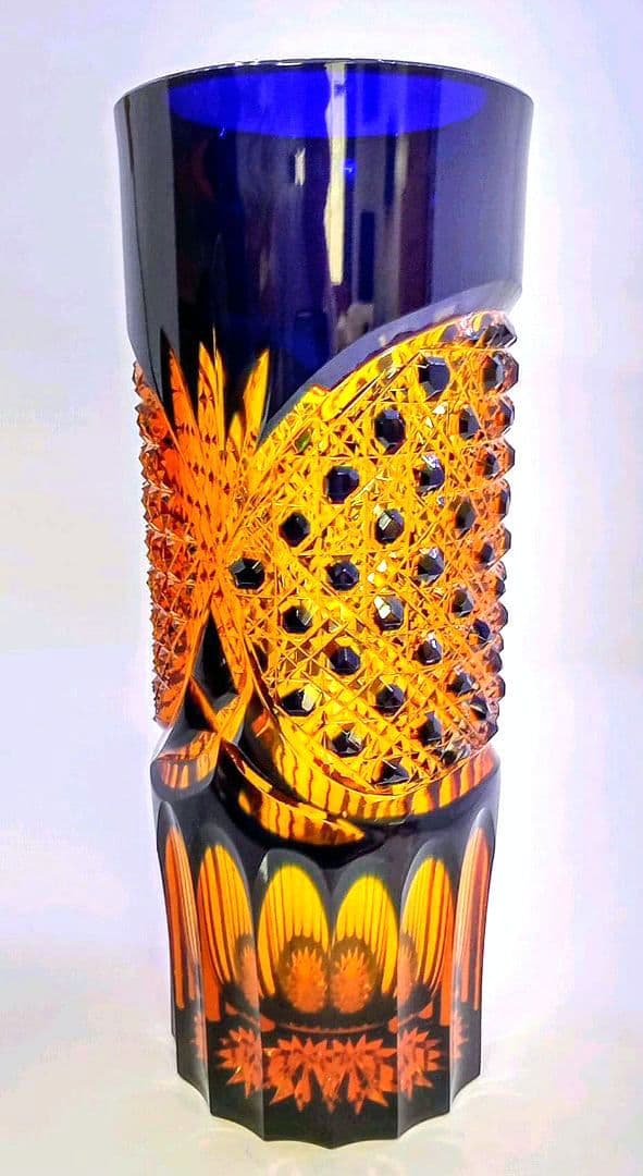 【新品未使用】門脇硝子加工所 江戸切子 アンバークリスタル 花器（琥珀色瑠璃）
