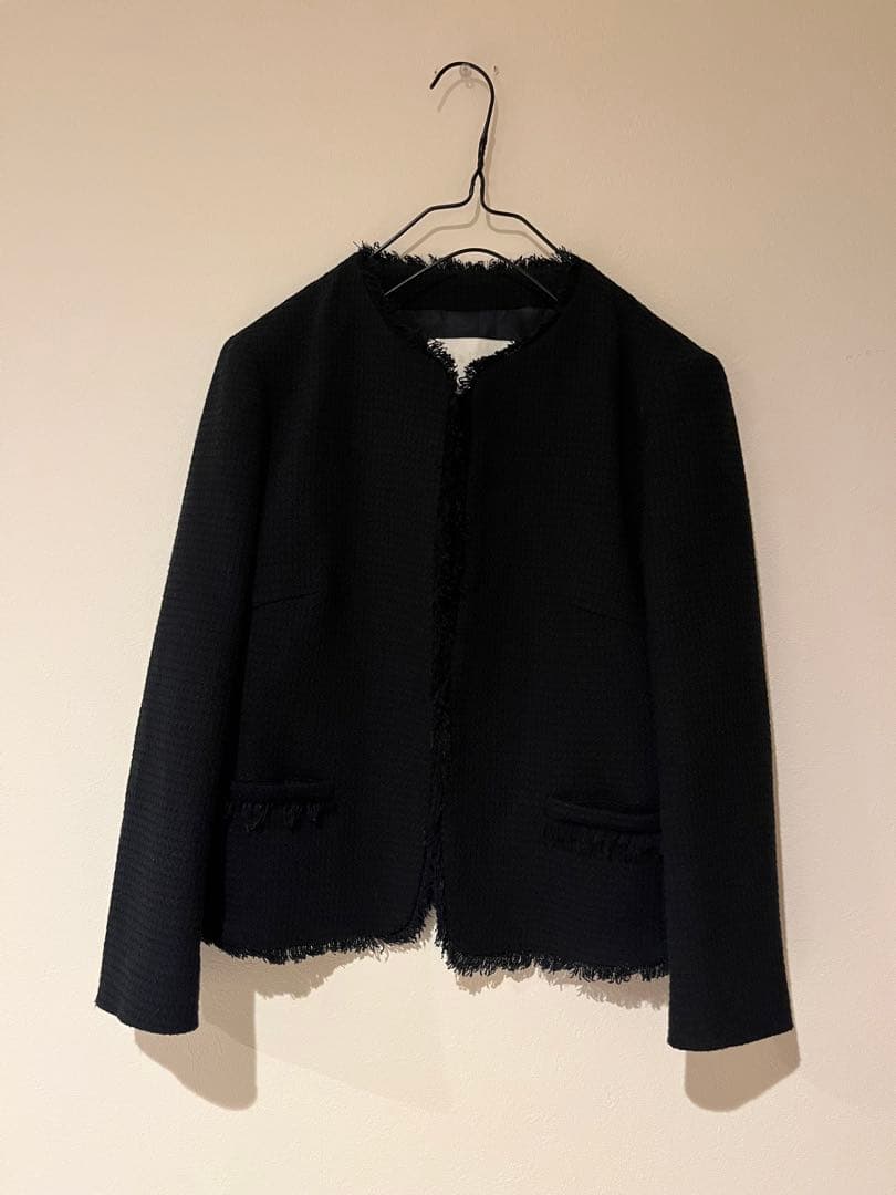美品！BALLSEY◇ワッフルツイードノーカラージャケット　ネイビー　34