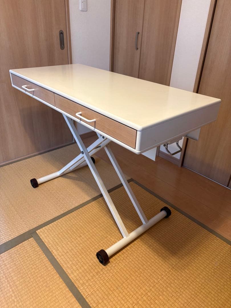 昇降式ホワイト 引き出し付き　テーブル　110cm×50cm