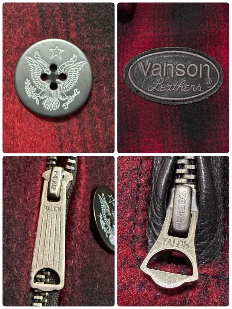 【美品】 VANSON メルトン Pコート 本革 レザー切替 チェック 裏地総柄