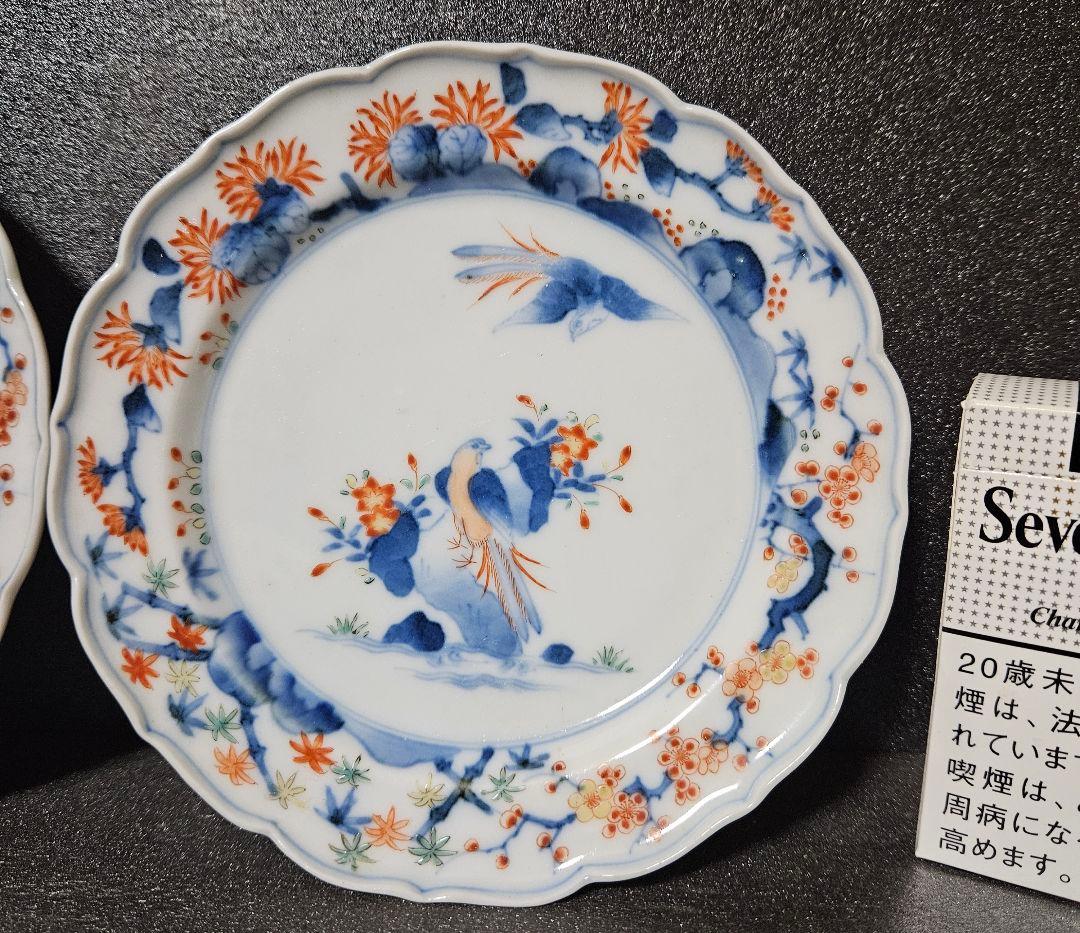 【名品❗】江戸時代後期　柿右衛門様式　染錦　双鳥に　梅花紅葉赤花図　輪花皿　2客