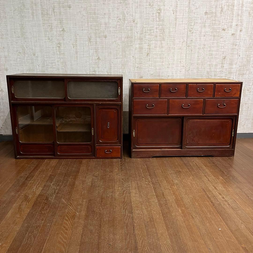 【アンティーク】時代家具 無垢材 茶箪笥 水屋箪笥 食器棚 二分割 古家具