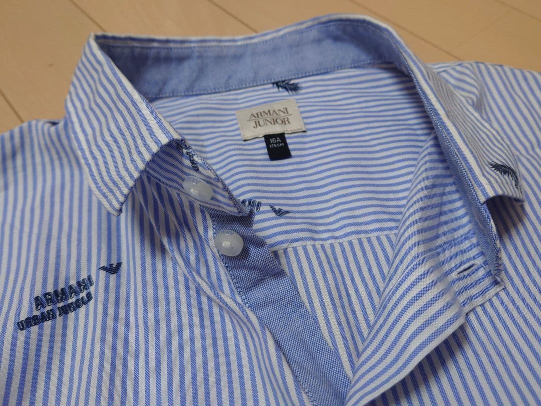 美品 アルマーニジュニア 16A ブルー ストライプ長袖シャツ