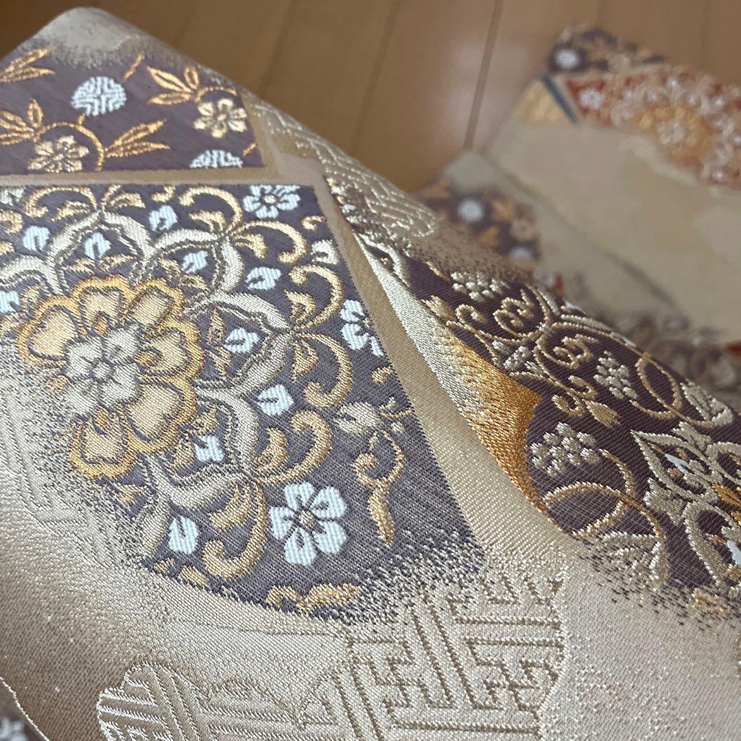 袋帯 三越誂製 正絹 色紙と雪輪 温かみのシャンパンゴールド 上品な煌めき 美品