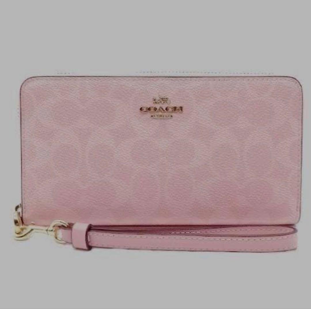 COACH コーチシグネチャー ファスナーリストウォレット長財布/パウダーピンク