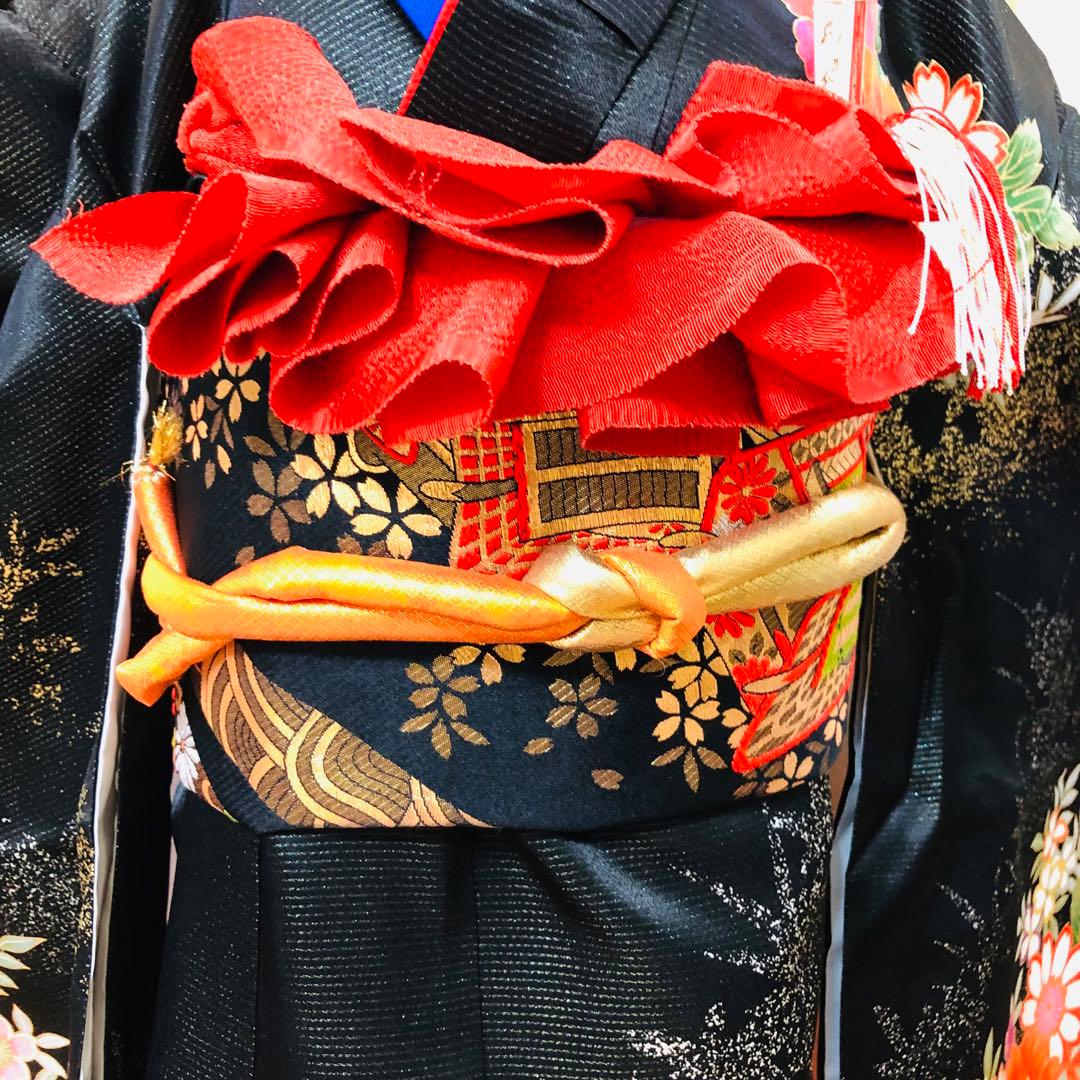 七五三七歳❣️豪華黒地ラメ花々金彩⭐︎正絹全通袋帯刺繍煌びやか⭐︎完全フルセット
