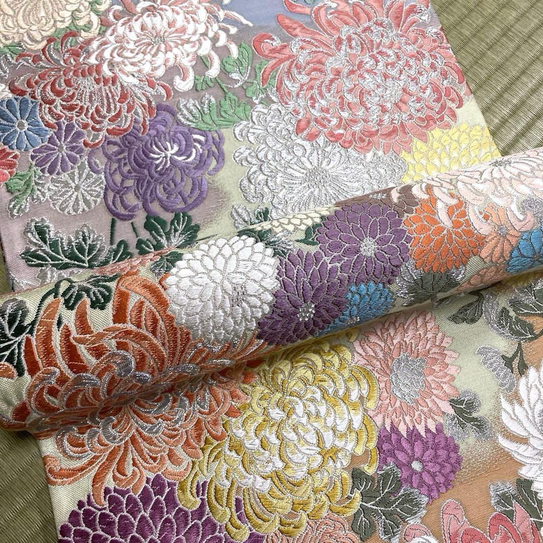 正絹　総刺繍　袋帯　【唐織　花】
