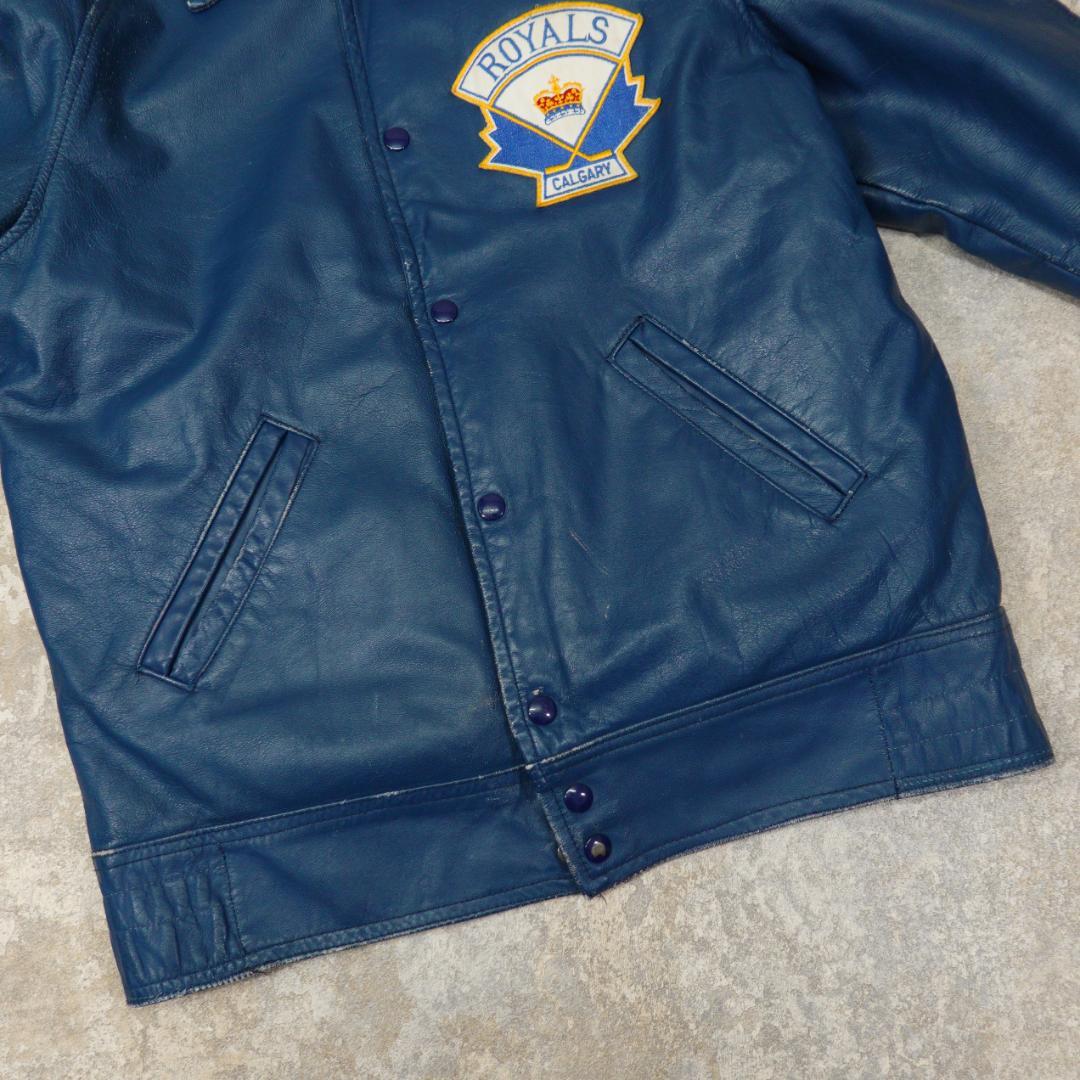 80s-90s オールレザースタジャン 40 カナダ ブルー ライナー 襟付き