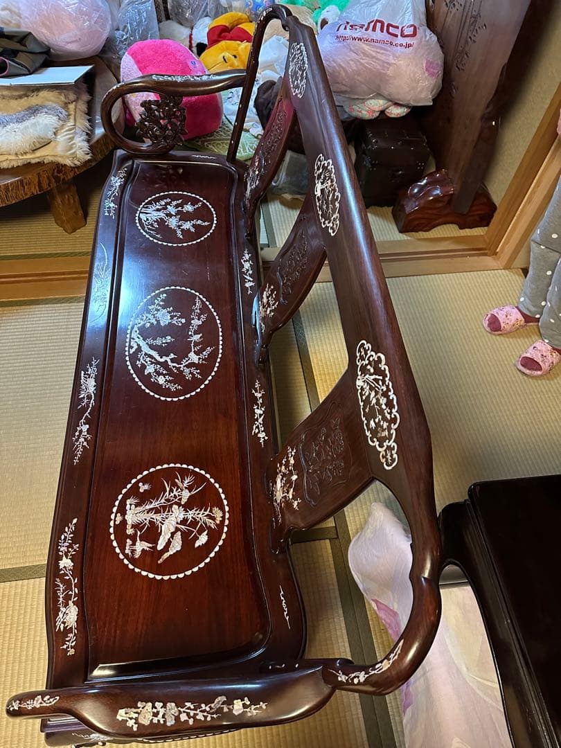 花梨アジアンスタイル 木製座椅子 彫刻装飾