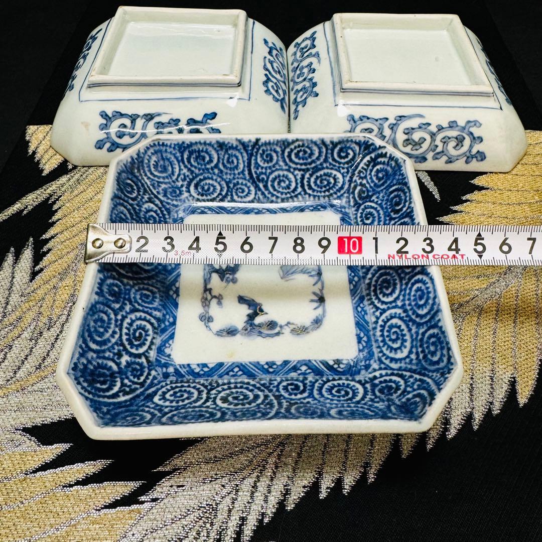 古伊万里　有田焼　染付松松竹梅蛸唐草文　方皿　4点