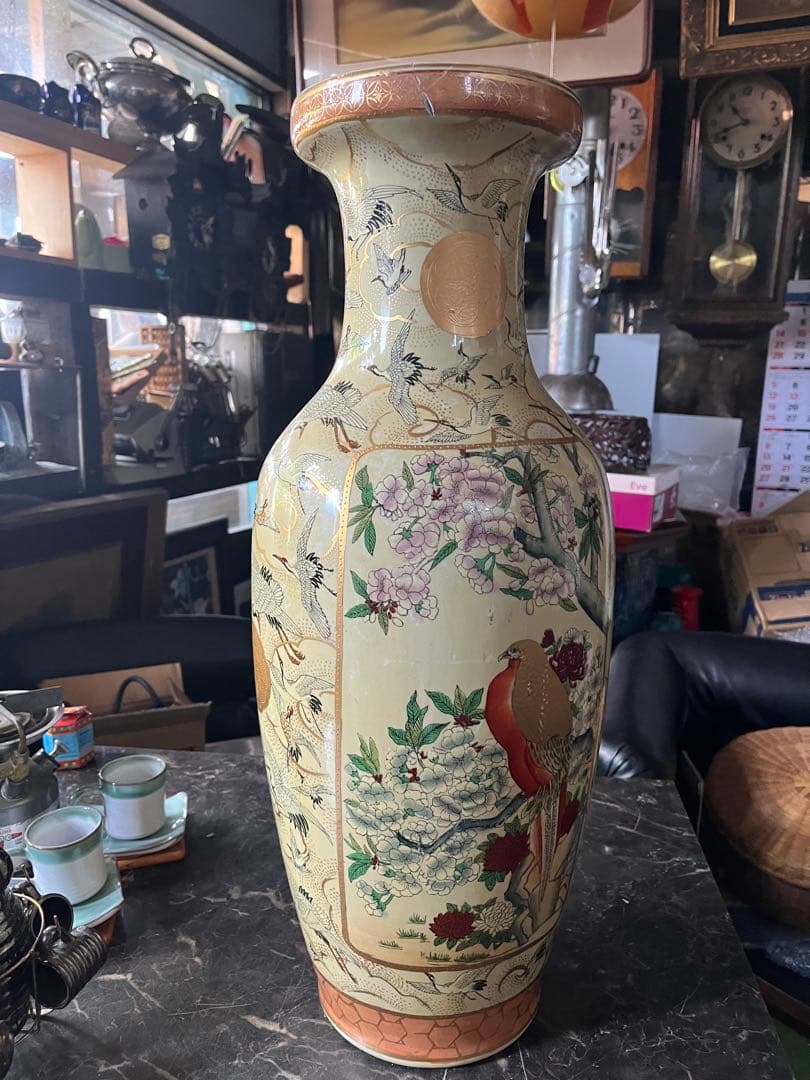 薩摩焼 、金襴手 郡鶴花鳥図花瓶 約60飾壷 花器 細密絵付 コレクター収蔵品