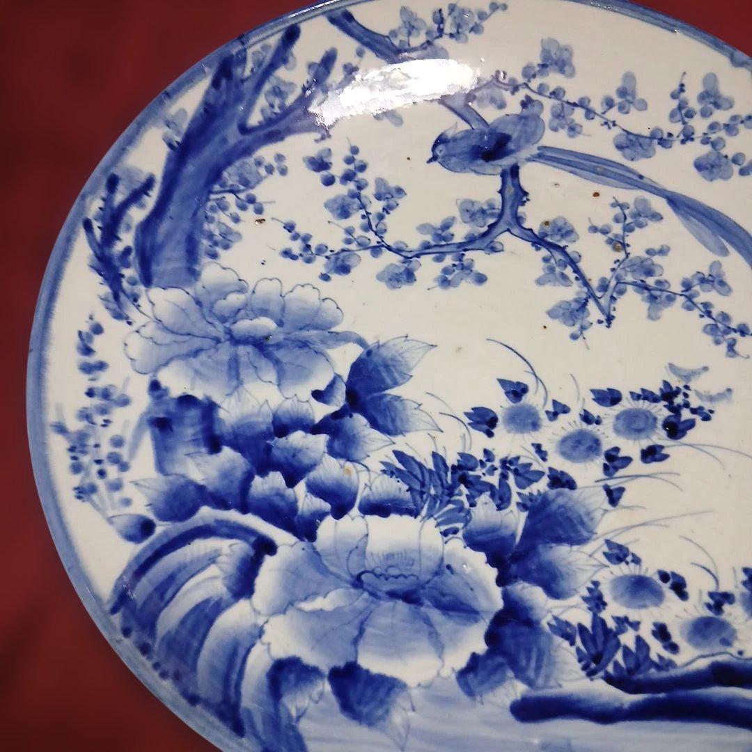 骨董大皿、サイズ46センチ青い花と鳥の陶器プレート