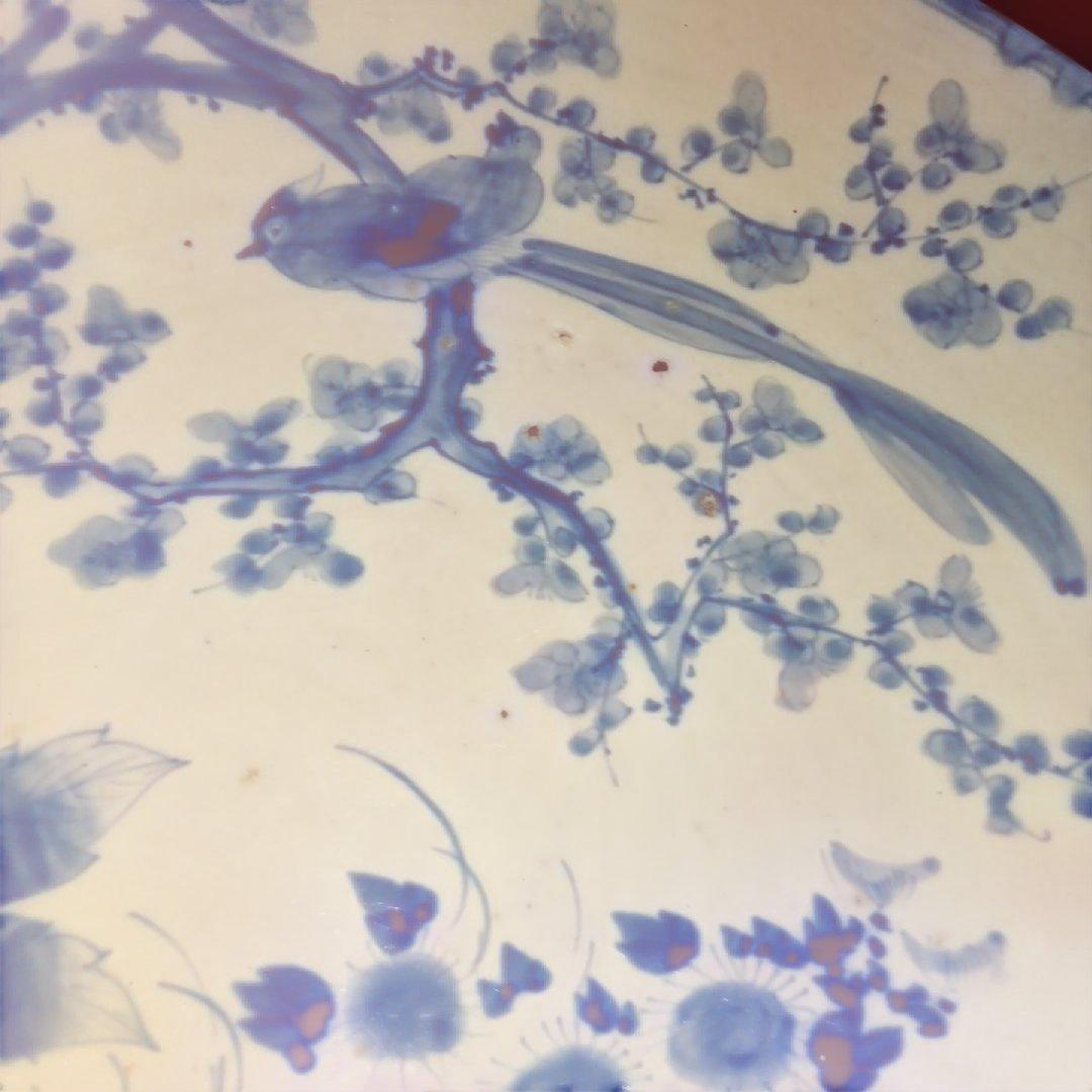 骨董大皿、サイズ46センチ青い花と鳥の陶器プレート