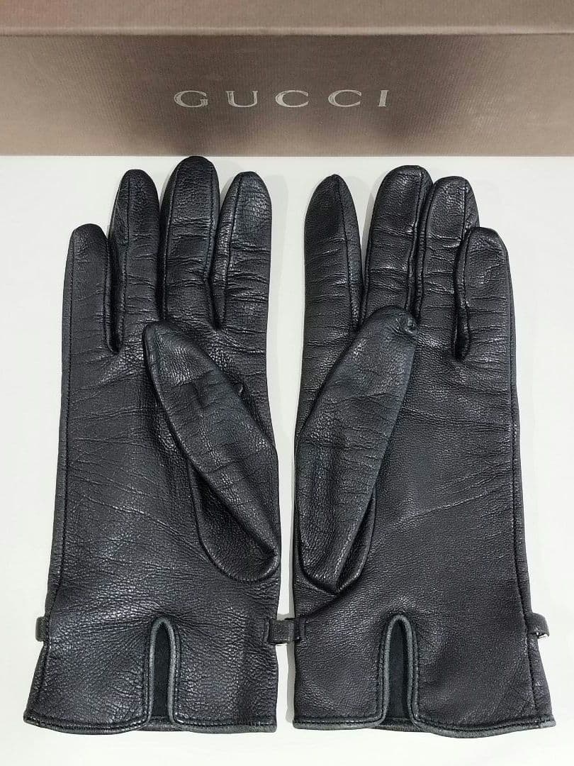 GUCCI 黒 レザー 手袋 メタルストラップ付き