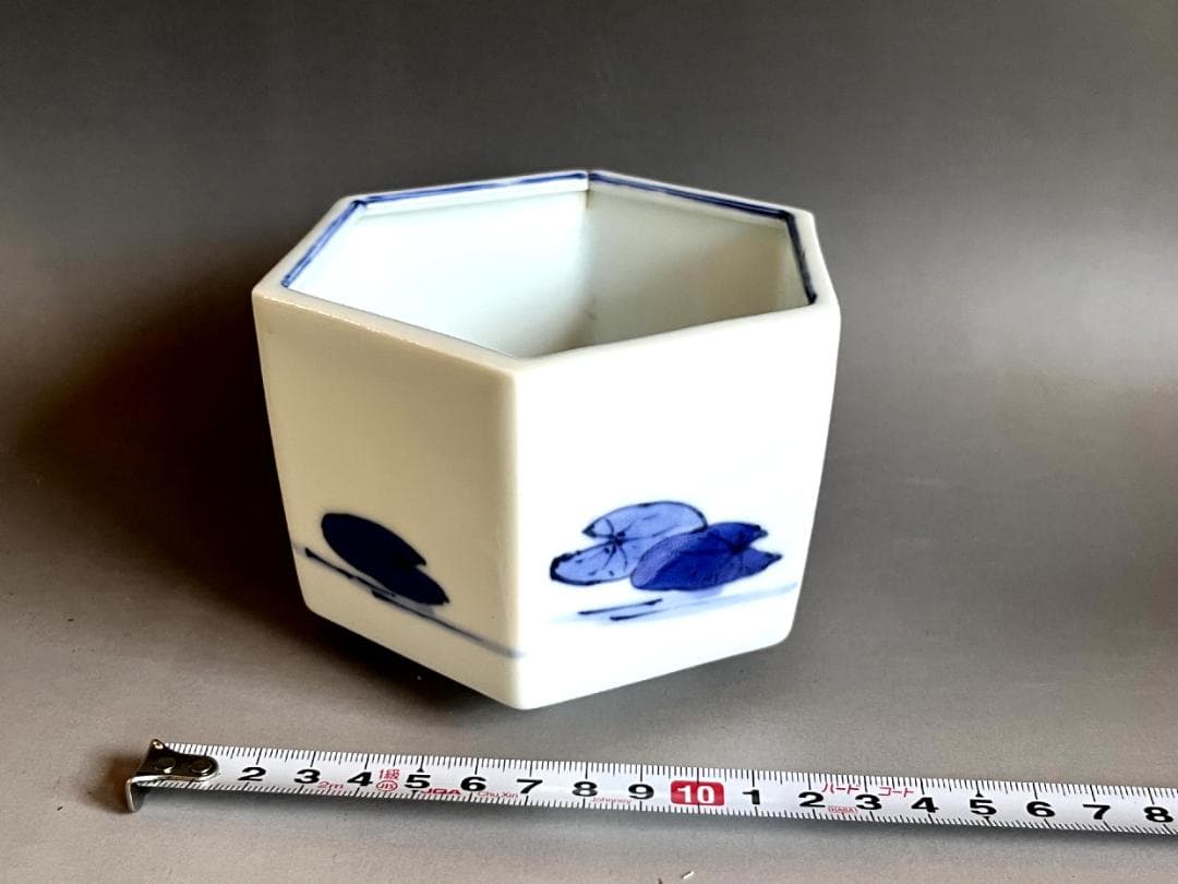 鉢■染付鴨図六角鉢 浮き草 水辺 青華 江戸後期 古美術 時代物 骨董品■