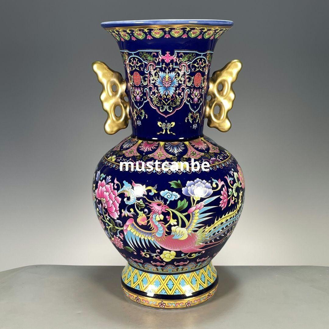 琺瑯彩藍釉鳳穿牡丹両耳瓶 景徳鎮 陶磁器 装飾品 現代工芸品 美術品 置物