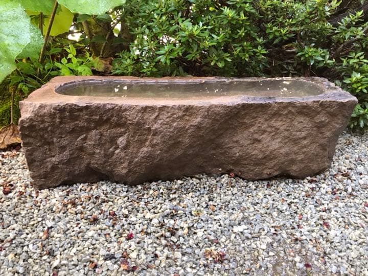 【天然自然石四方角水鉢・舟型石・蹲】造園水石飾り石ガーデニングバードバス箱庭