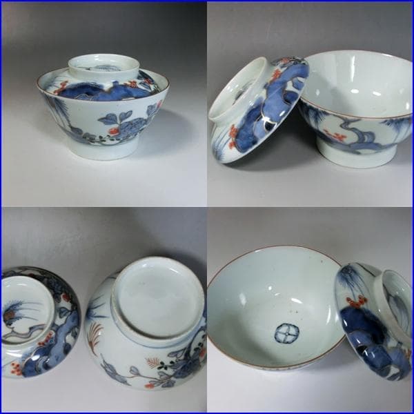 蓋茶碗■古い伊万里花唐草色絵染付 江戸後期 蓋鉢 蓋物 9客 時代物 骨董品■