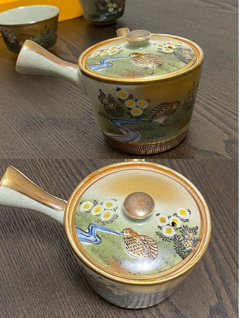九谷焼 年代物　金彩うずら　煎茶茶器　明治〜大正　レトロ