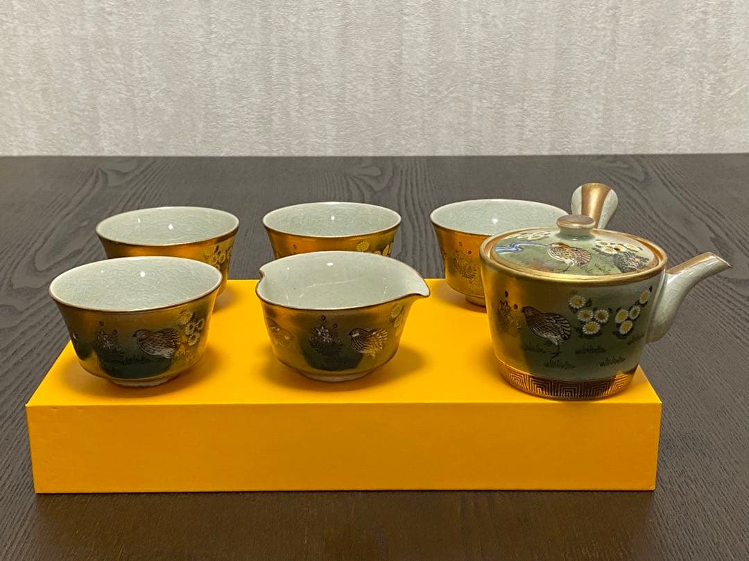 九谷焼 年代物　金彩うずら　煎茶茶器　明治〜大正　レトロ