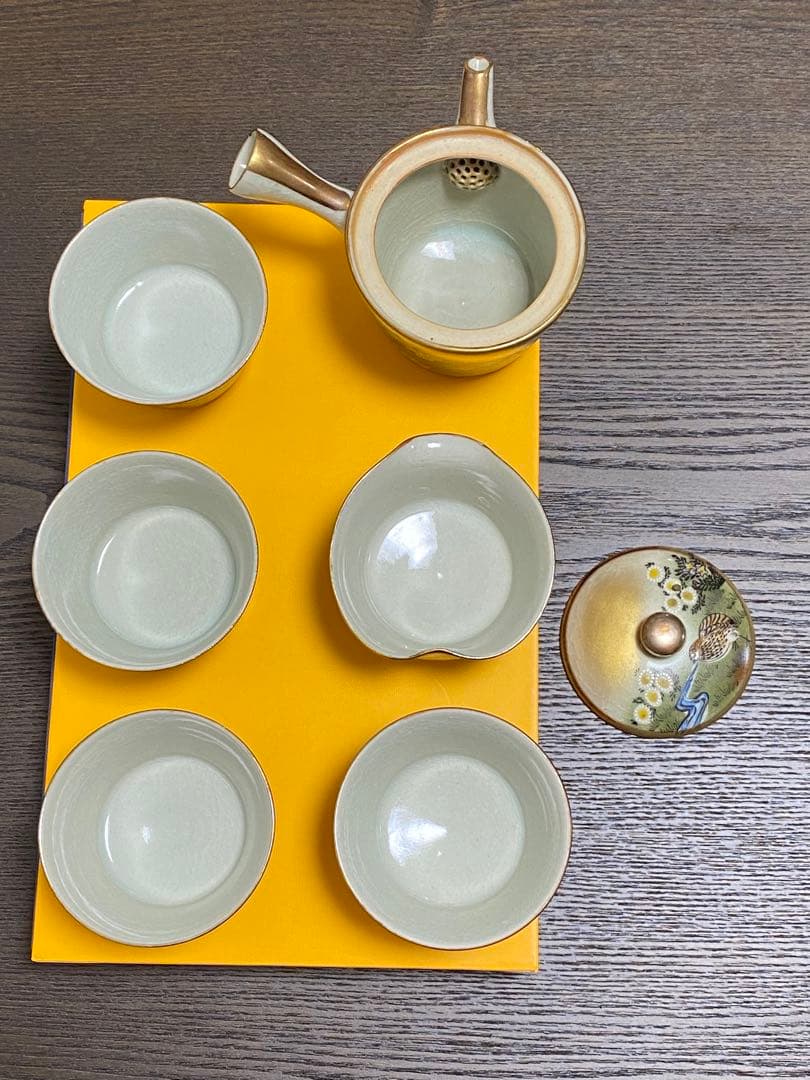 九谷焼 年代物　金彩うずら　煎茶茶器　明治〜大正　レトロ