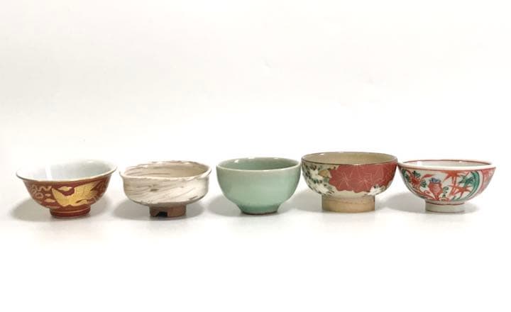 骨董　作家物　華中亭道八　寄盃　刷毛目　青磁　赤絵　猪口　煎茶碗