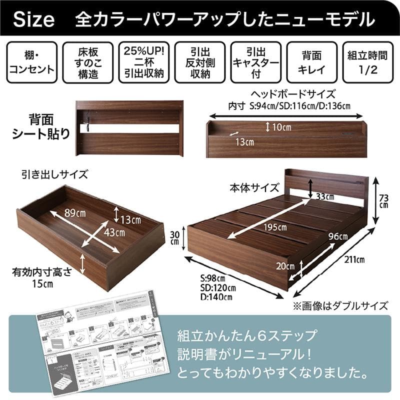 最安値！マットレスなし セミダブルベッド 収納 コンセント 送料込み！ 29
