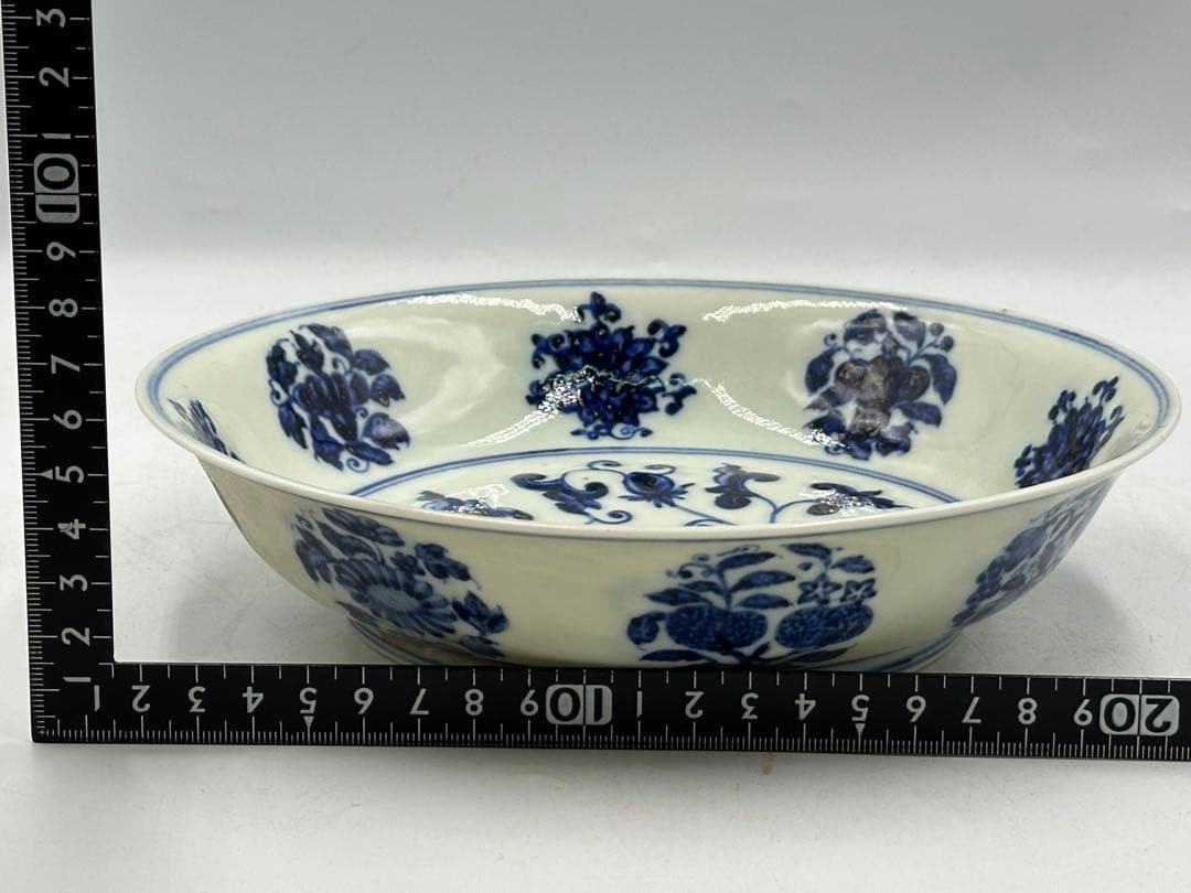 明宣德青花中皿 染付皿 大明宣德年製 中国美術 長 18cm