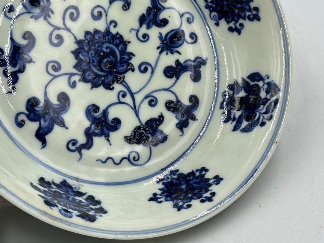 明宣德青花中皿 染付皿 大明宣德年製 中国美術 長 18cm