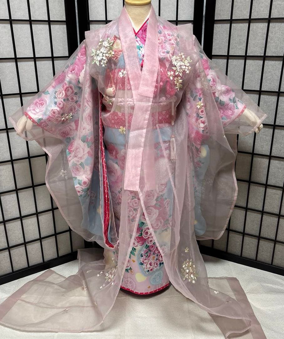 女の子　着物　羽衣　打ち掛け　オーガンジー　七五三　7歳　ハーフ成人式　ピンク色