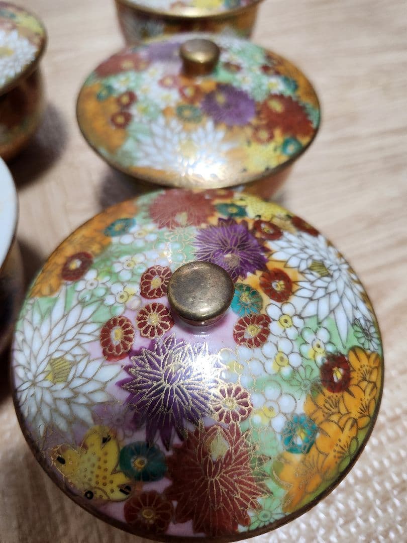 九谷焼 九谷光峰 花詰/菊詰 金彩 茶器揃 5客 湯呑茶碗/急須 食器