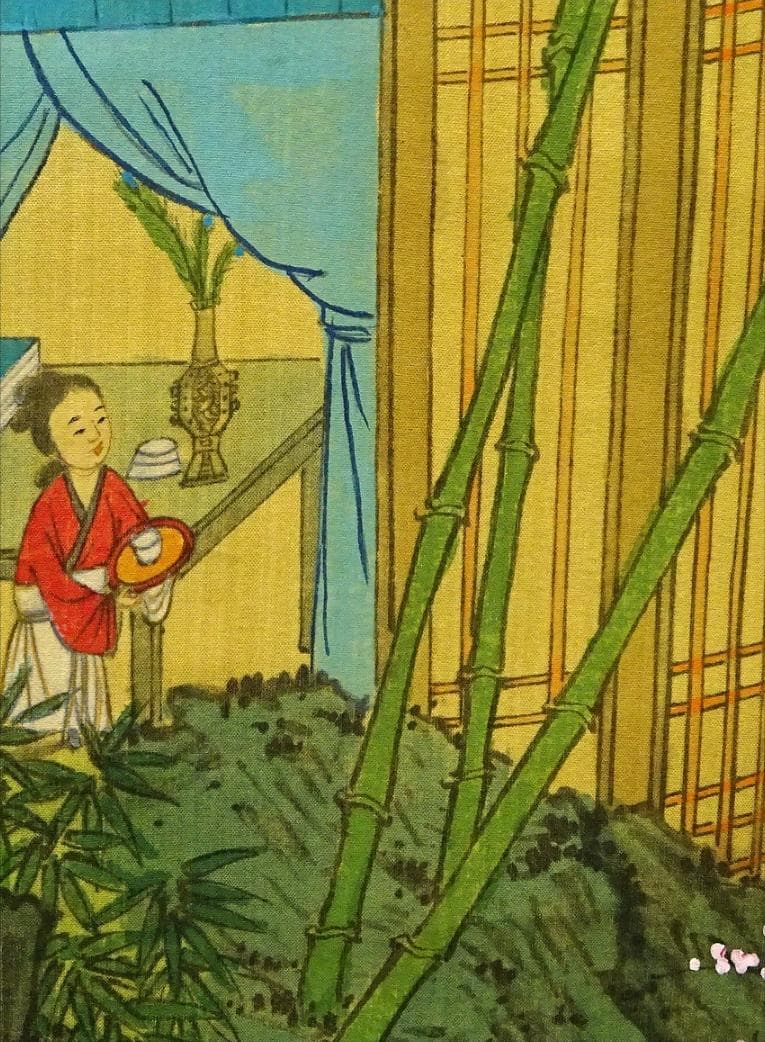 掛軸 王依渓『竹桃貴人の図』中国画 絹本 肉筆 共箱付 掛け軸 g030314