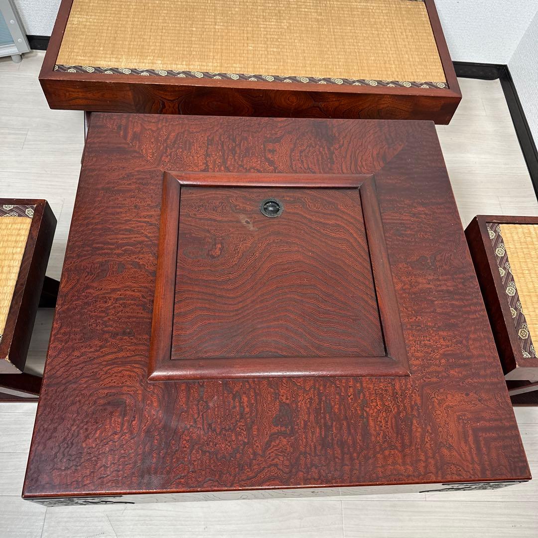 駿河民芸 囲炉裏テーブル 杢目 隅金具/畳ベンチ1脚・畳椅子2脚付き iso※