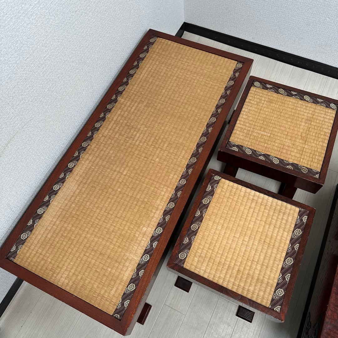 駿河民芸 囲炉裏テーブル 杢目 隅金具/畳ベンチ1脚・畳椅子2脚付き iso※