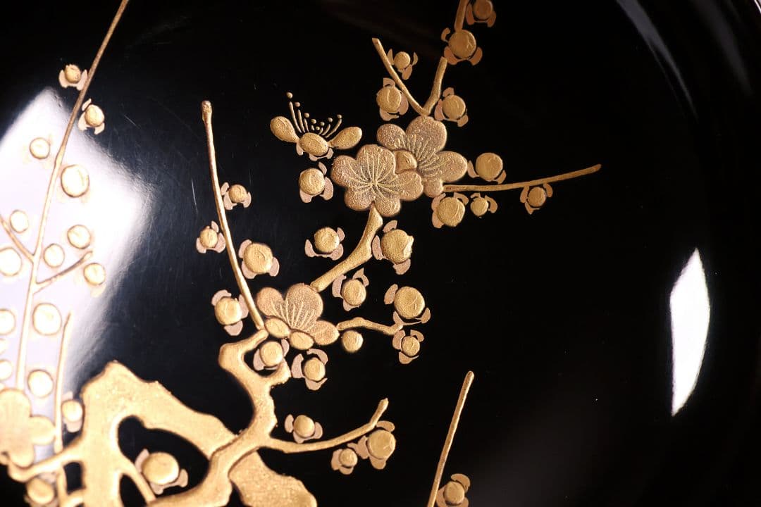 【CM232】古い木皿 五客 梅 金蒔絵 黒塗 小皿 菓子皿 木製漆器 大正昭和