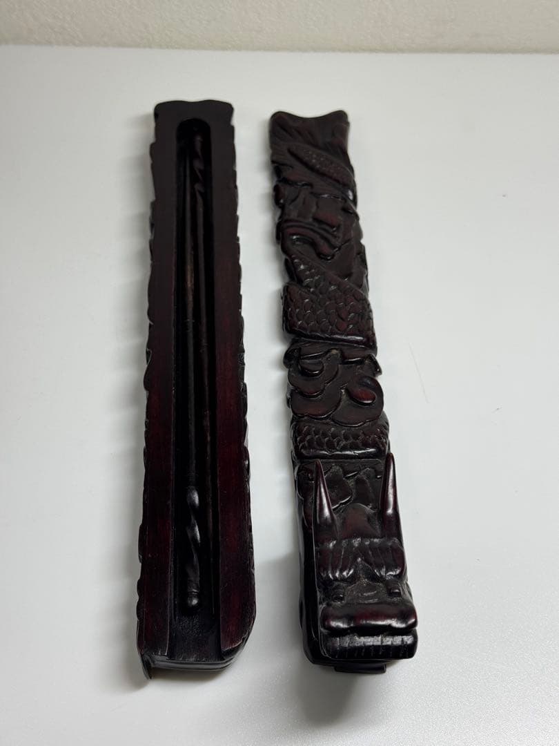 漆器 箸箱 喰籠 黒檀 龍 木彫 夫婦箸入れ 骨董 アンティーク