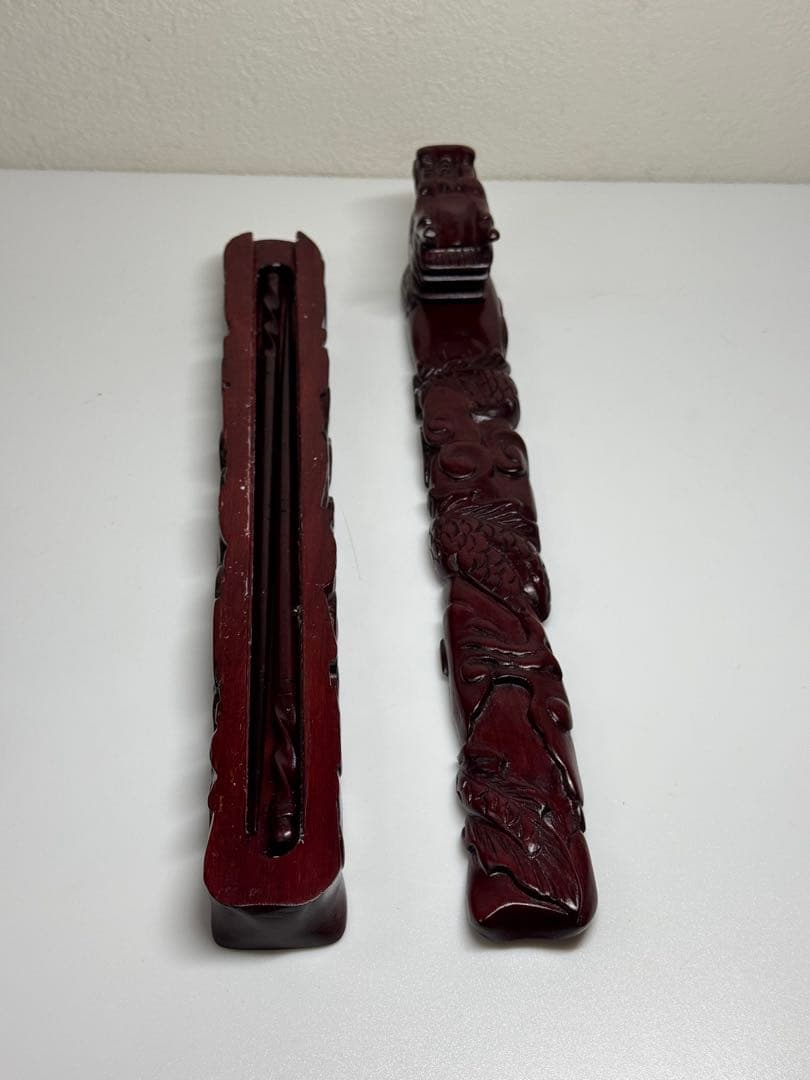 漆器 箸箱 喰籠 黒檀 龍 木彫 夫婦箸入れ 骨董 アンティーク