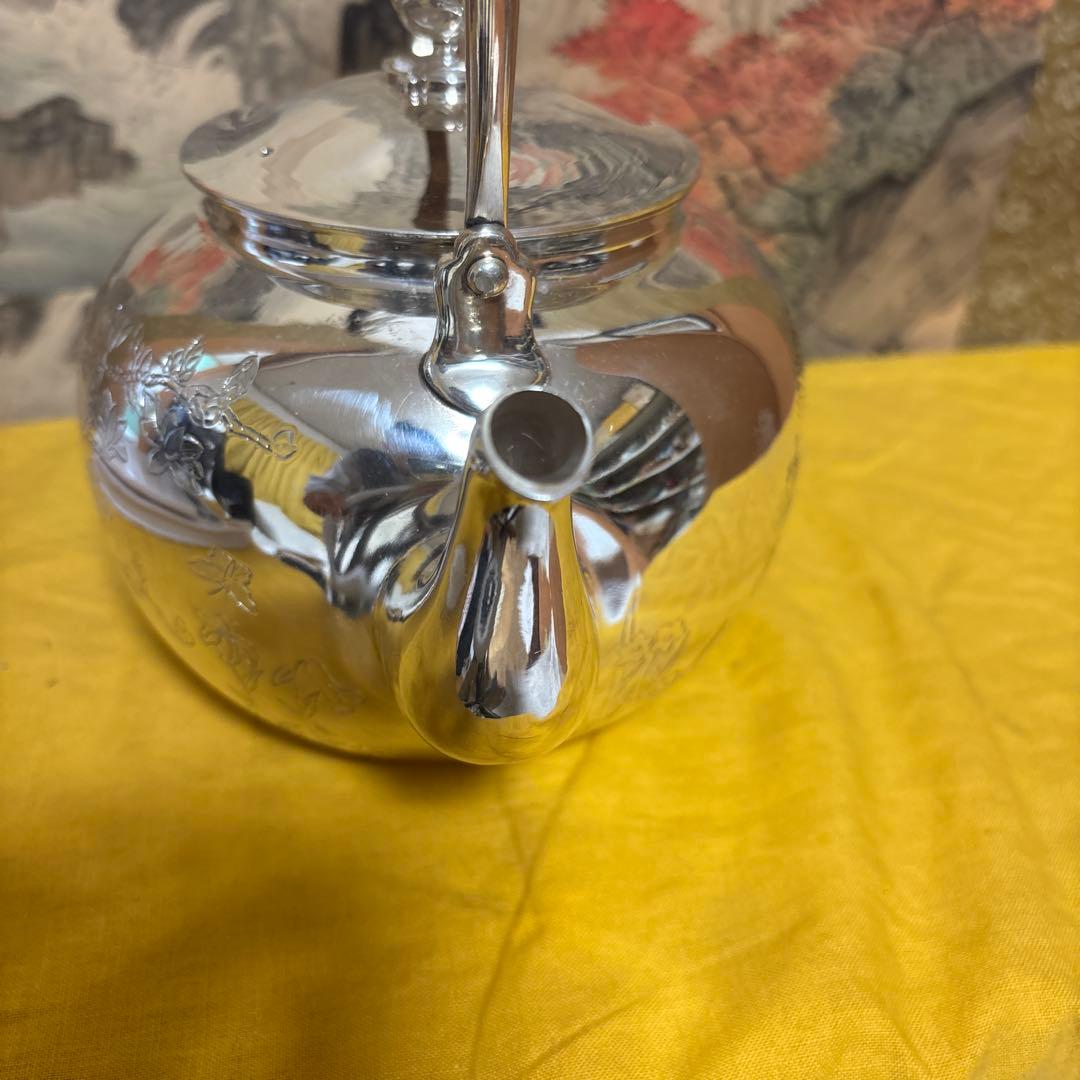 【中川净益】純銀花草彫 湯沸 銀瓶 煎茶道具