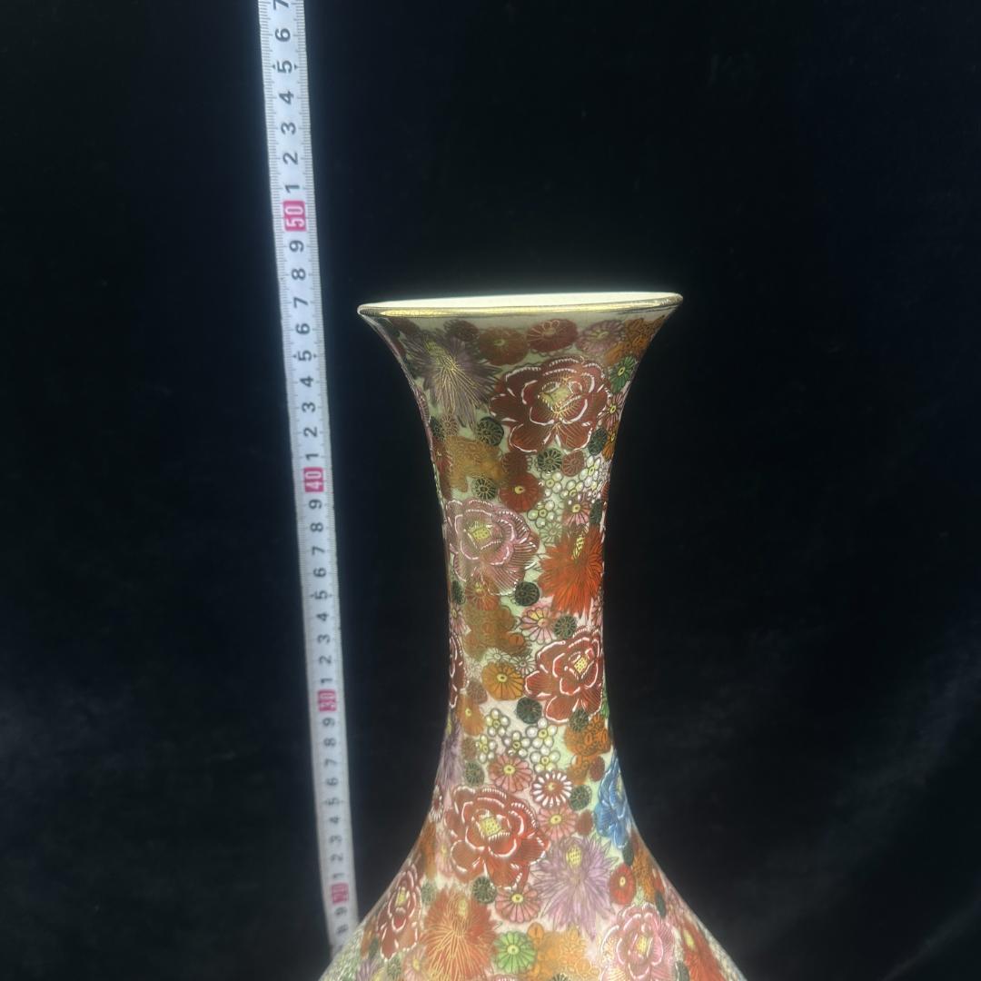 薩摩焼　　十字　花瓶　金襴手 金彩色絵花詰文 細密絵付 飾壺