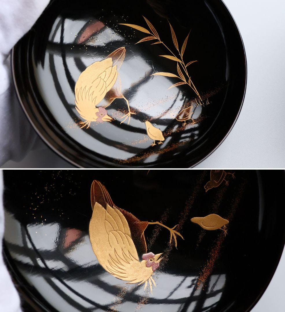 【CM354】時代蒔絵椀 竹に鶏金蒔絵 平椀五客 木製 /(検) 輪島塗加賀能登