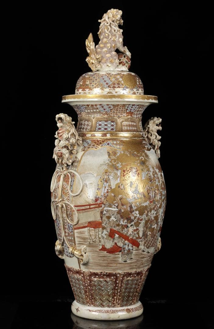 【極上薩摩焼】特大金襴手色絵 獅子 香炉 飾壺 陶器 骨董 古美術 アート 花瓶